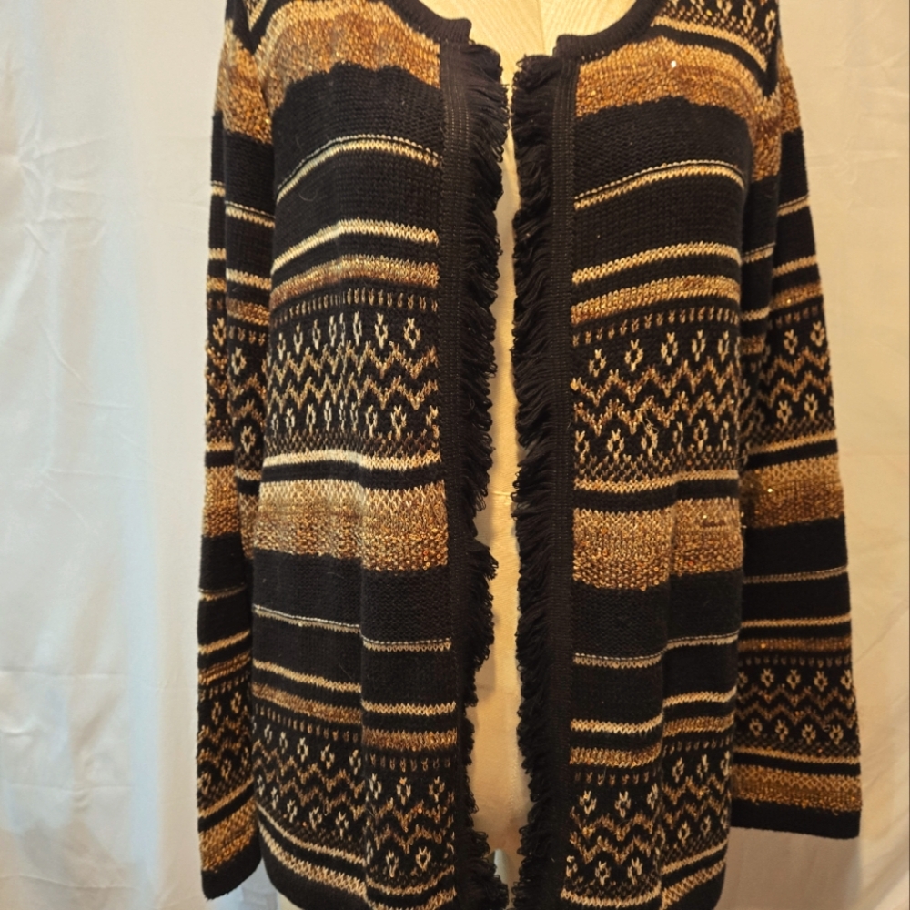 Chico's Womens Brown/Tan Metallic Fringed Sweater Sz 2 (L) 12 - Warm & Cozy
